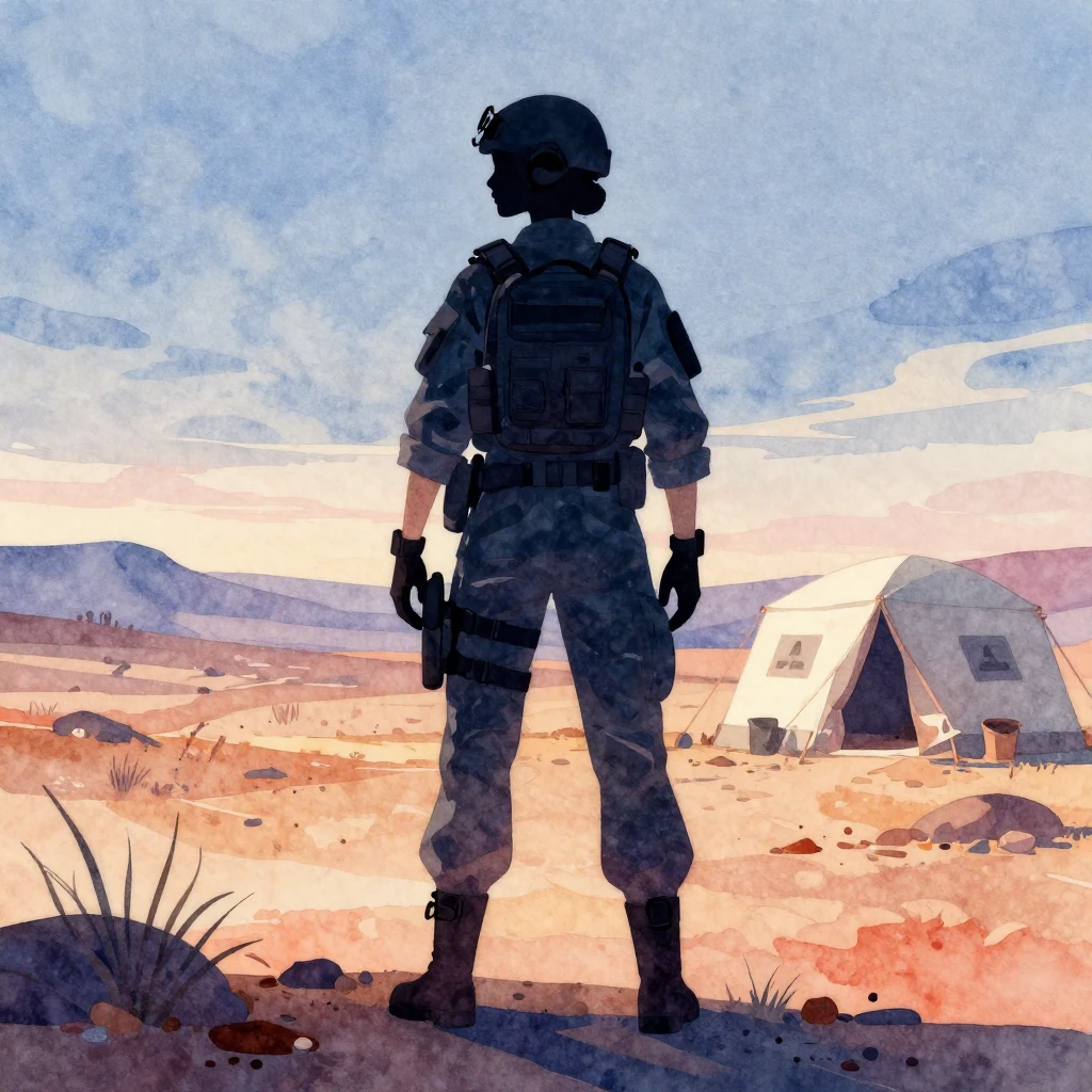 A silhouette of a female medic in uniform, carrying a backpa...