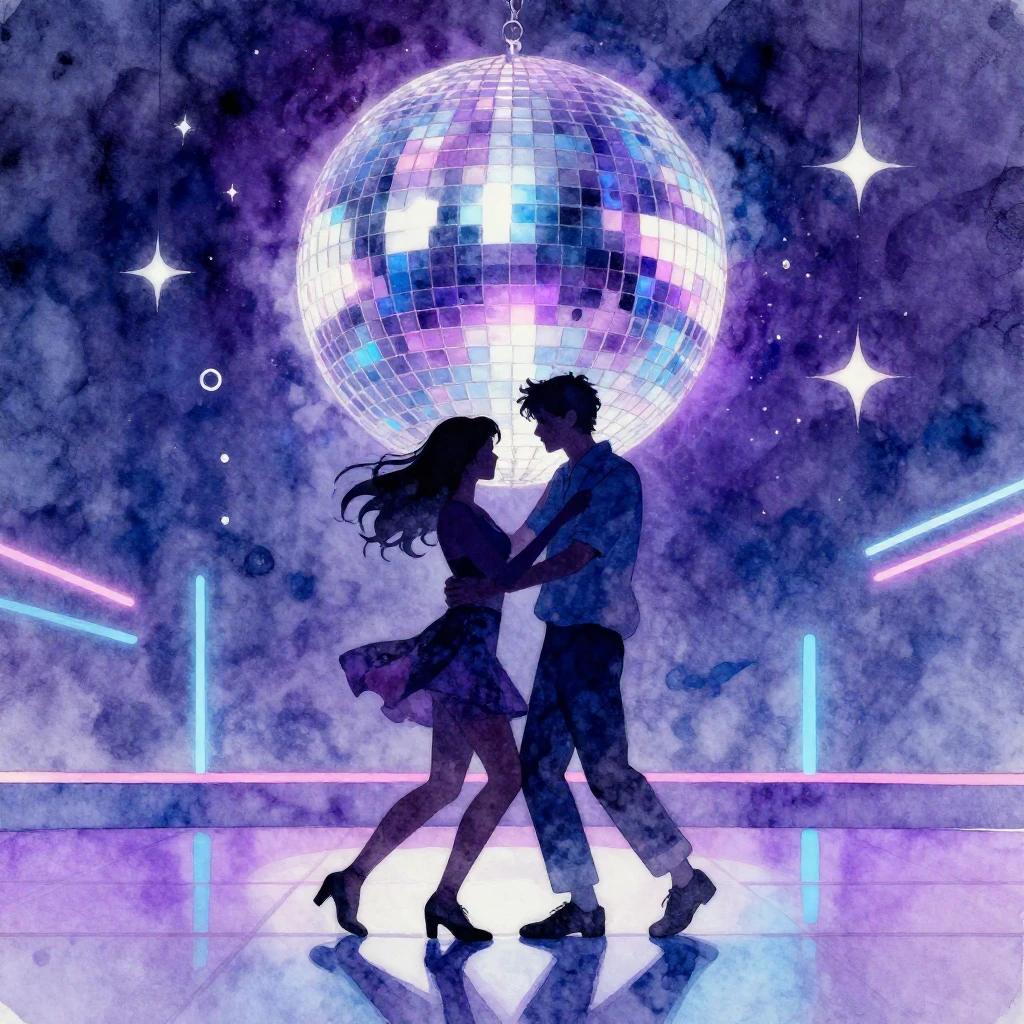 Watercolor style illustration of a young couple, seen in sil...