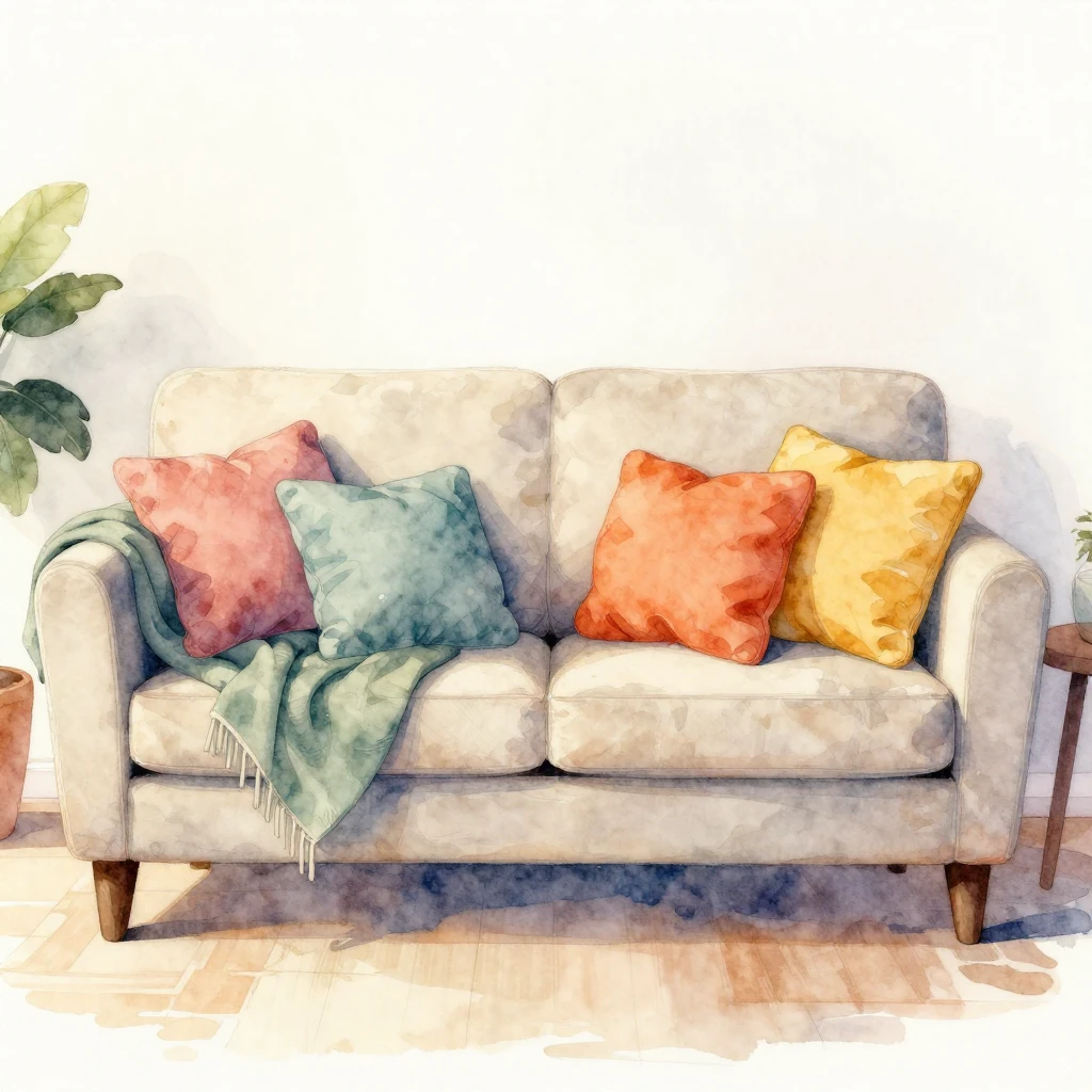 A watercolor illustration depicting an inviting home interio...