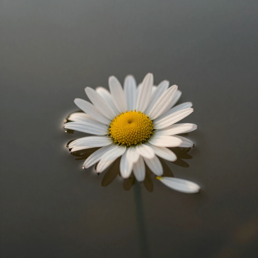 A single chamomile flower with some petals gently detached, ...