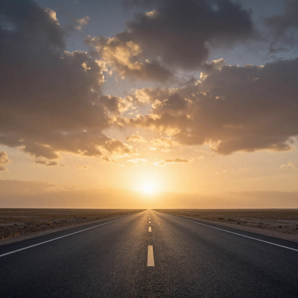 A vast, empty road stretches directly towards a distant, haz...