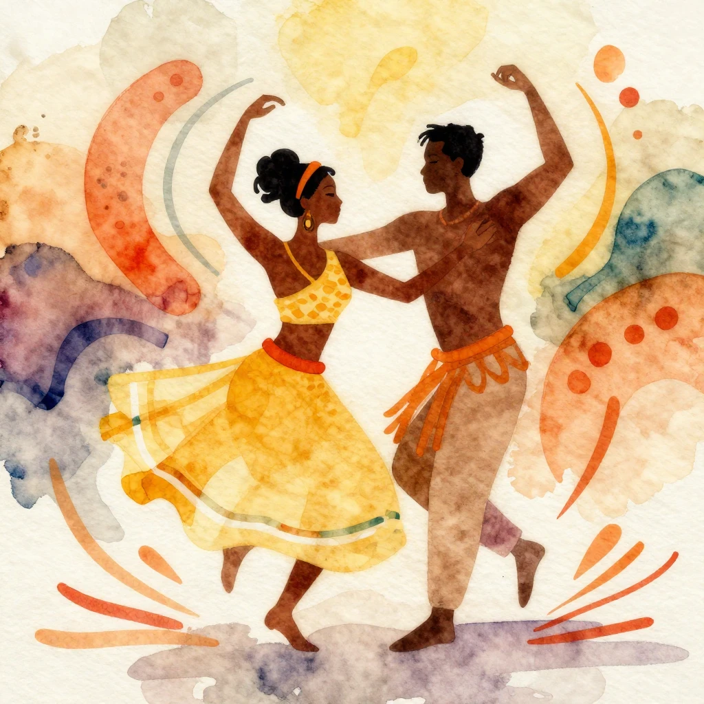 A vibrant watercolor painting inspired by Afro-Cuban dance, ...