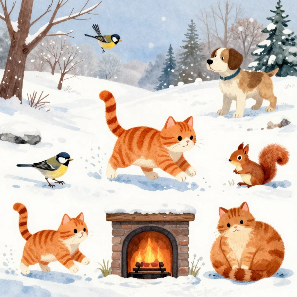 A playful ginger cat in a vibrant watercolor style experienc...