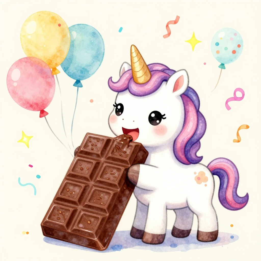 Watercolor style illustration of a cute magical unicorn happ...