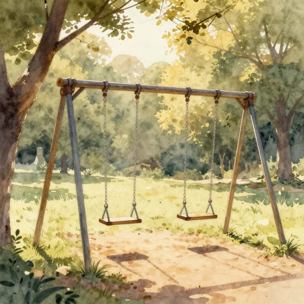 An empty swing set in a park at golden hour, with soft light...