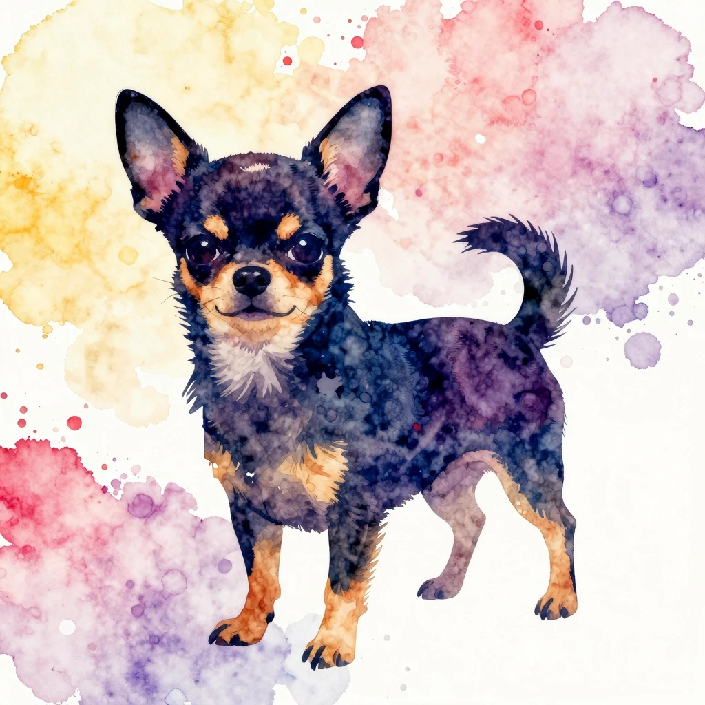 Vibrant watercolor style. A charming chihuahua silhouette, s...