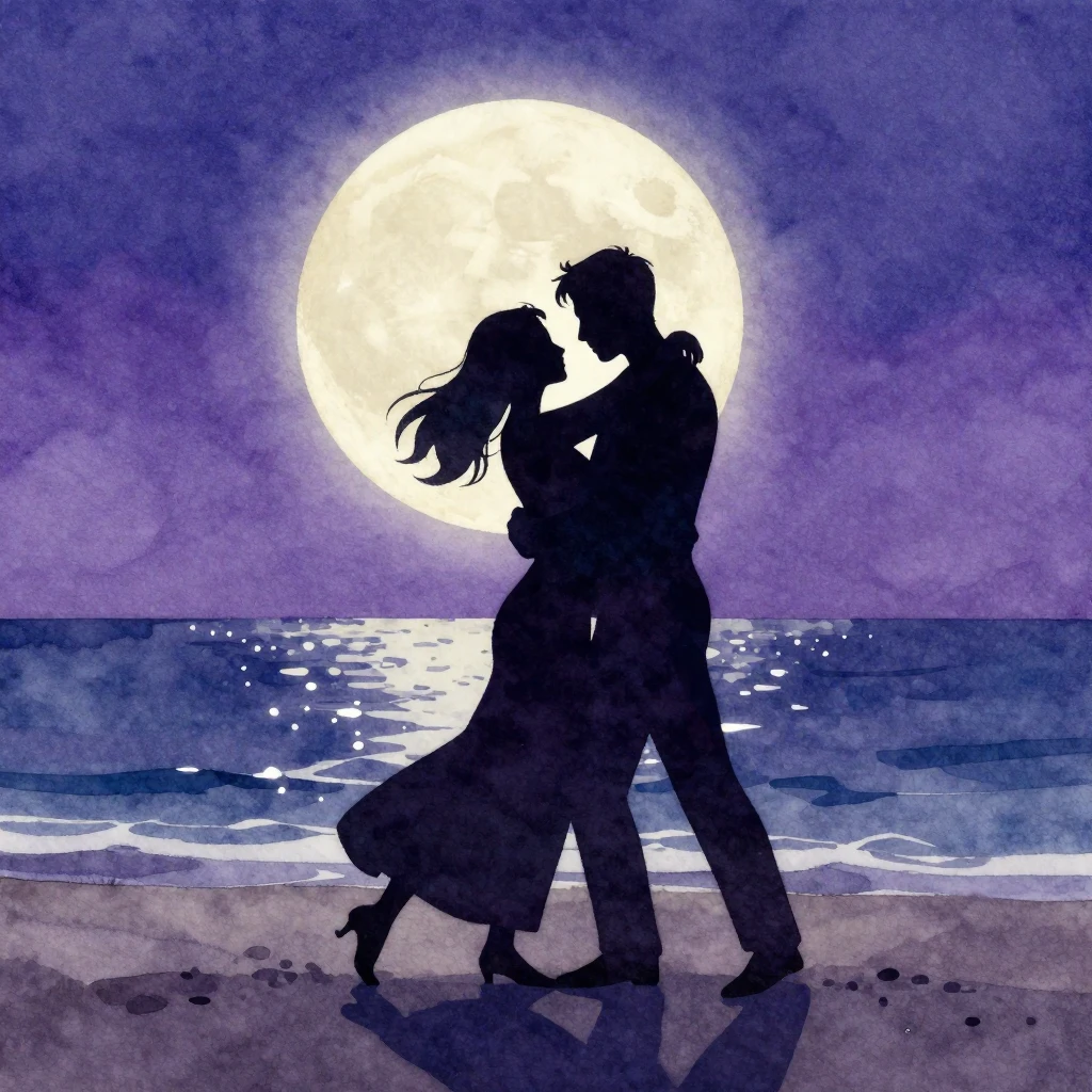 A watercolor painting of a dark silhouette of a couple danci...