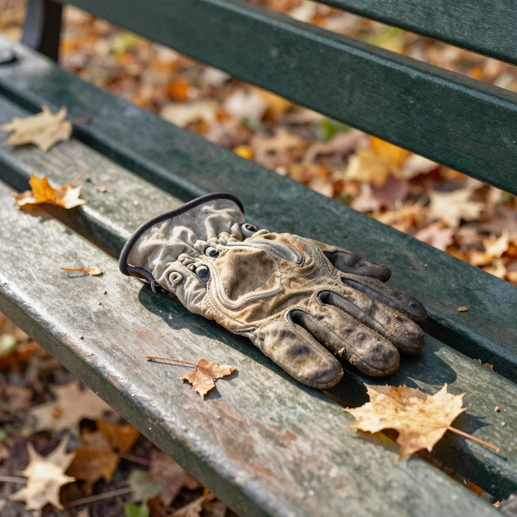 A single, old, worn-out glove lying on a park bench covered ...