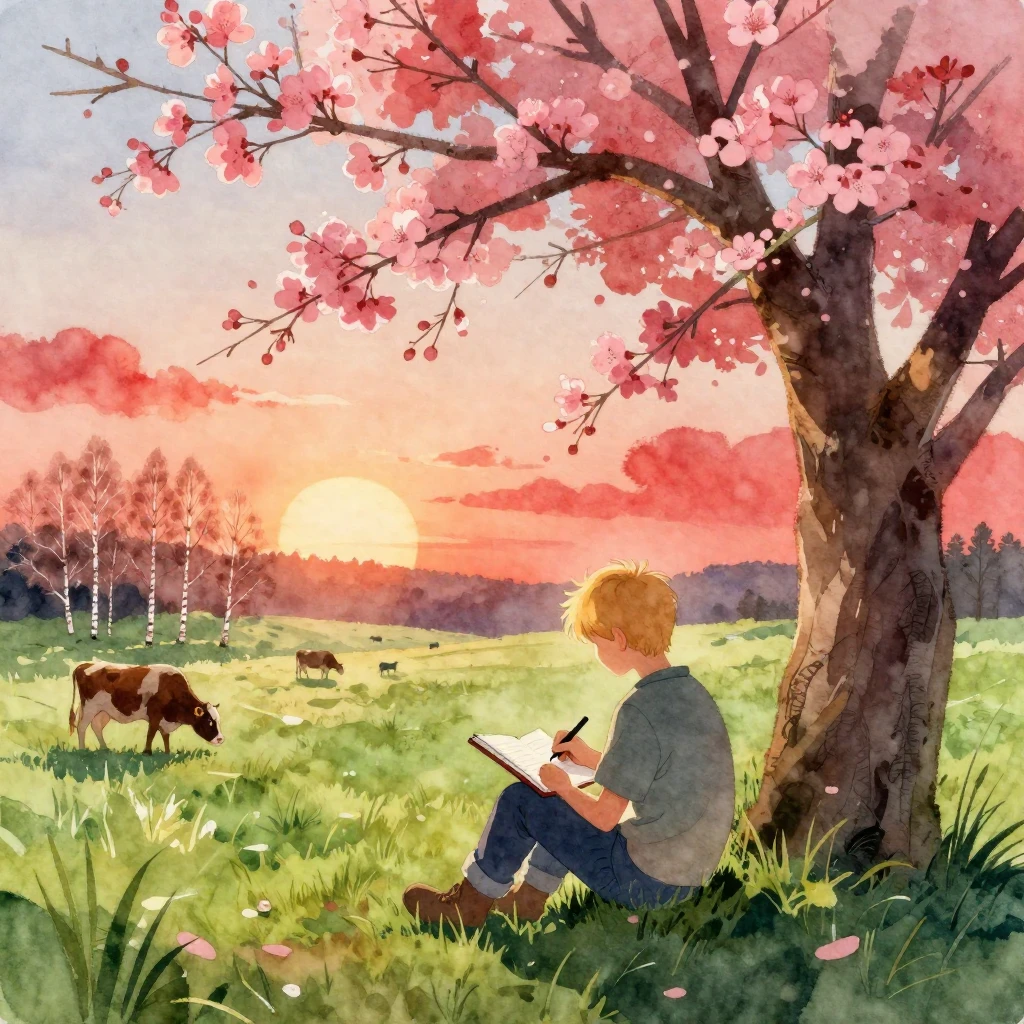 A watercolor silhouette of a golden-haired shepherd boy, see...