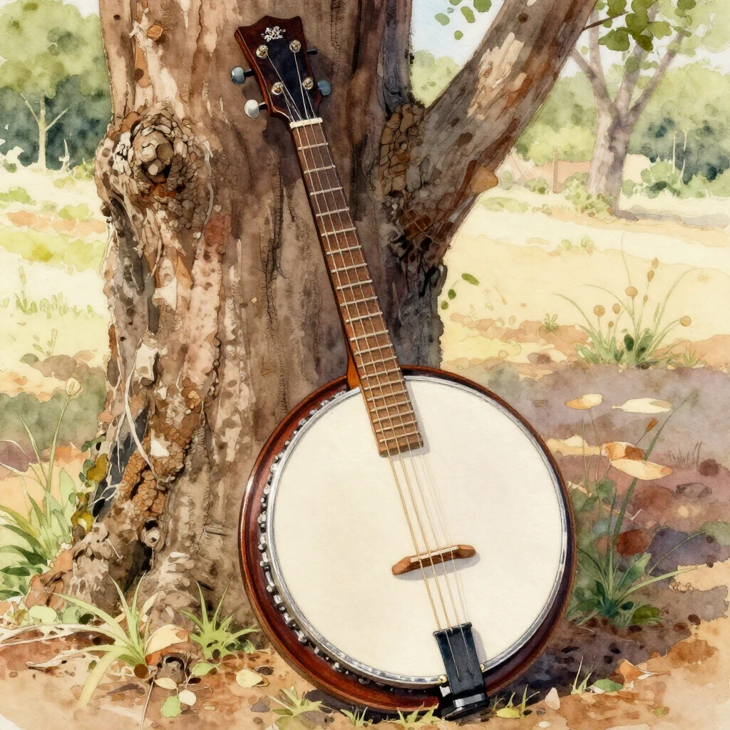 A detailed watercolor painting of a banjo leaning against a ...