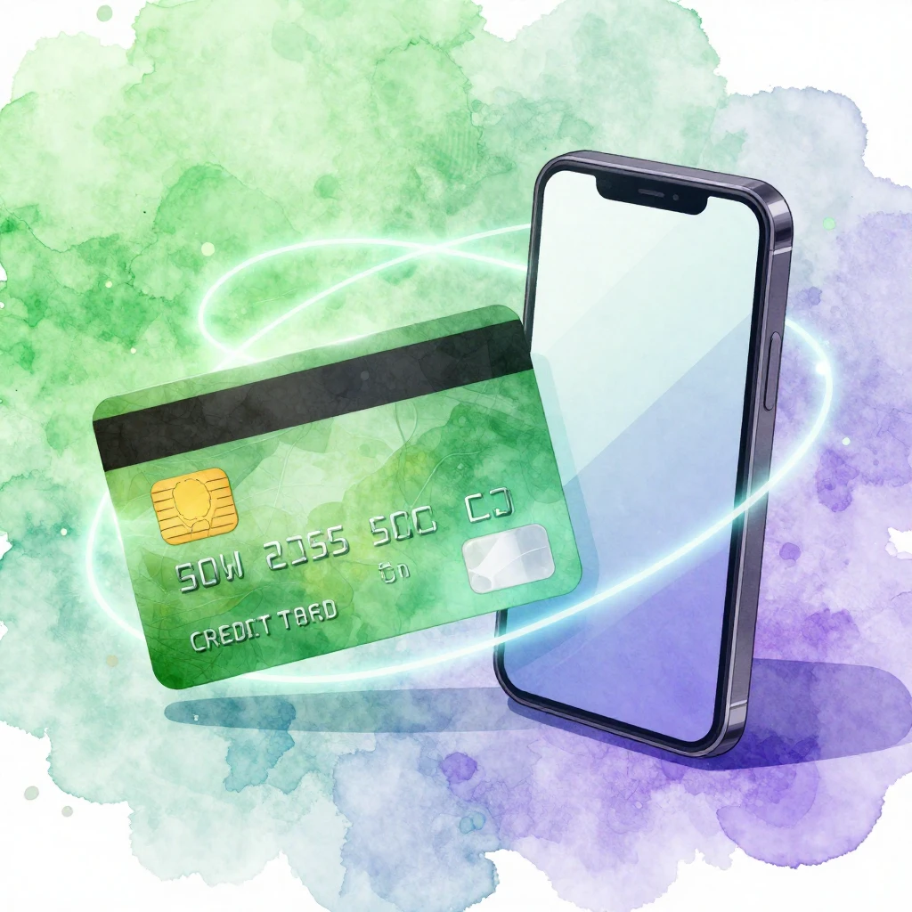A vibrant watercolor illustration featuring a credit card wi...