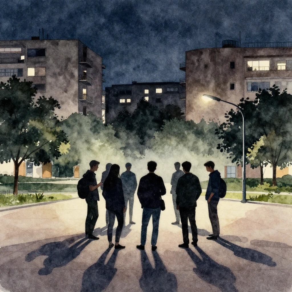 Watercolor painting of silhouettes of a group of friends gat...