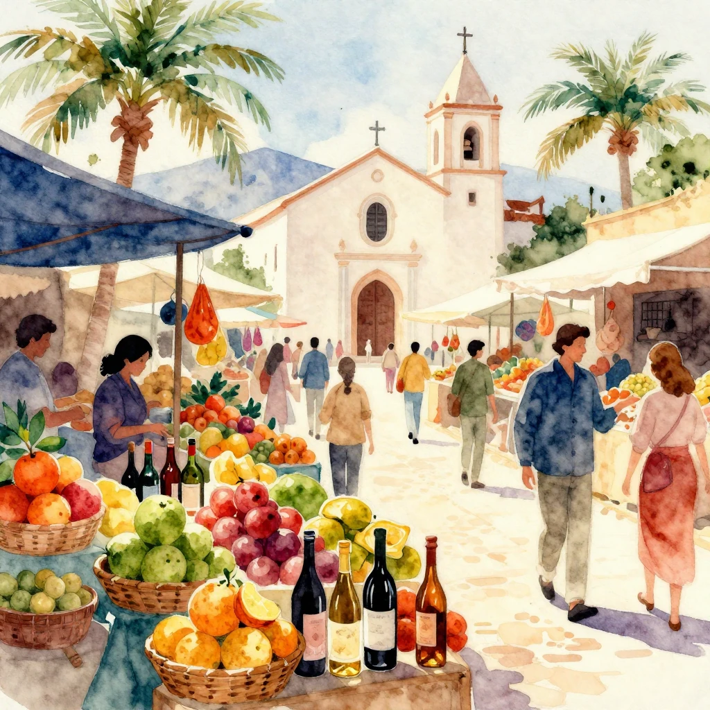 A vibrant, joyful watercolor painting depicting a bustling m...