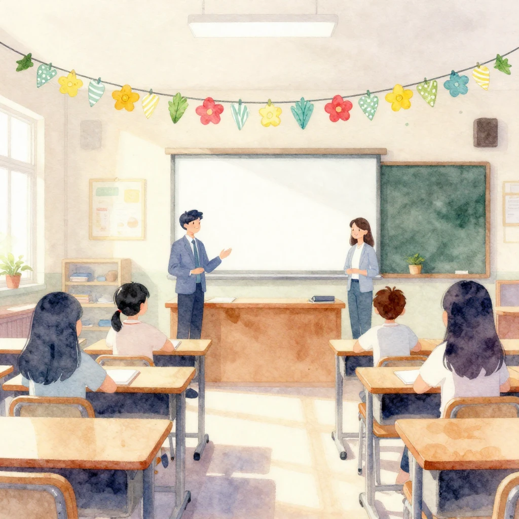 Watercolor painting of a bright classroom with festive sprin...