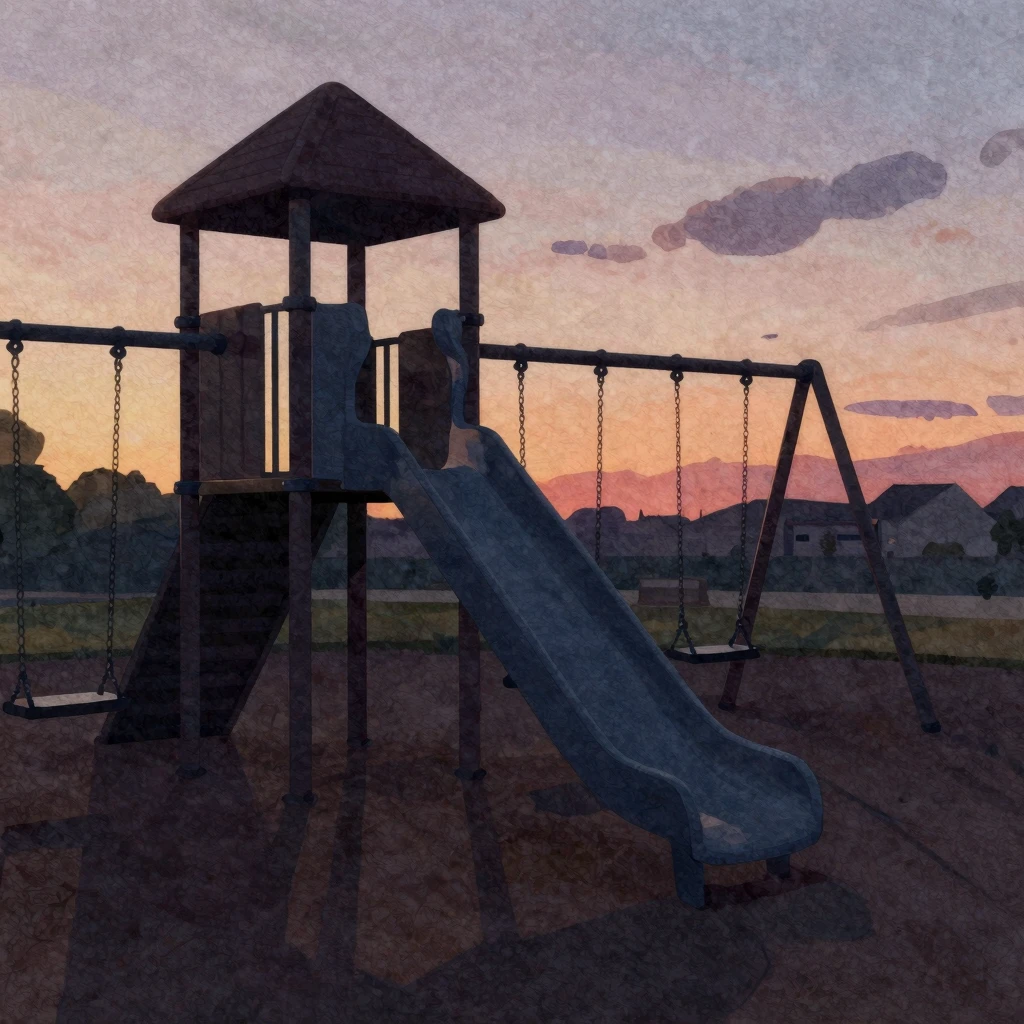 Watercolor style. A dark, stylized silhouette of an old play...