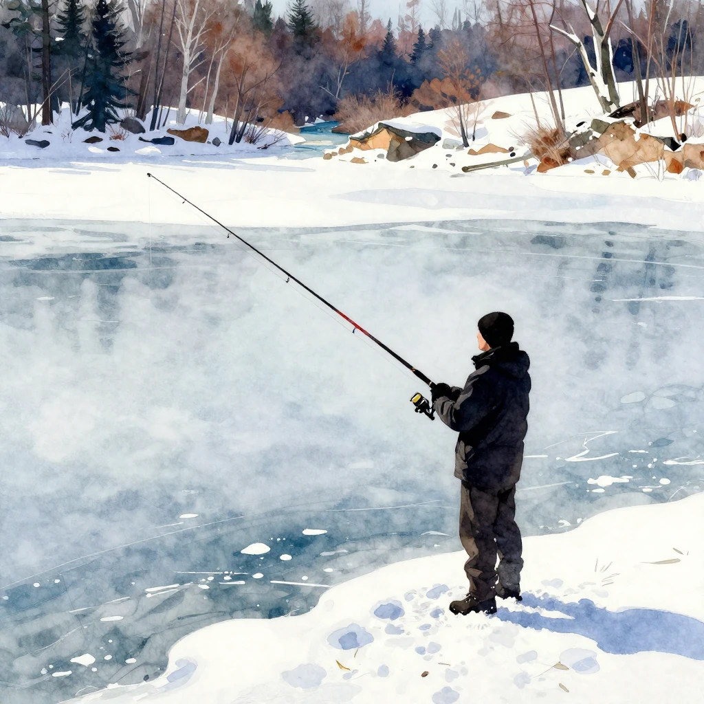 A serene winter fishing scene on a frozen lake, with a silho...