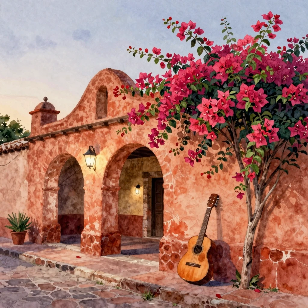 Watercolor painting of a traditional Mexican hacienda at dus...