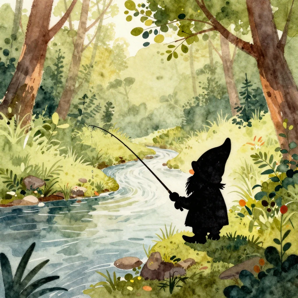 A vibrant watercolor painting of a small gnome silhouette by...