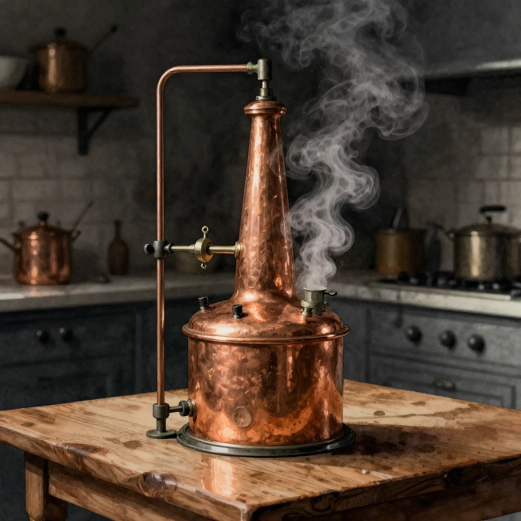 A detailed watercolor illustration of a vintage copper disti...