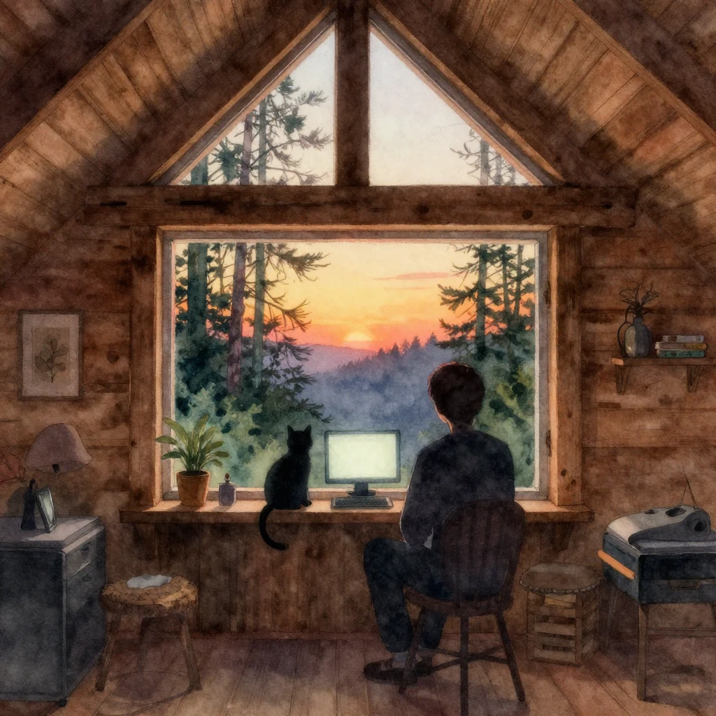 A watercolor painting of a cozy wooden cabin interior at sun...