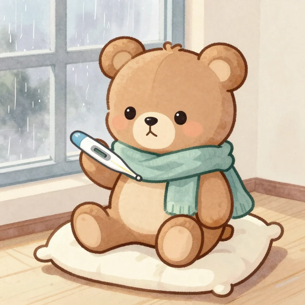 Watercolor style. Cute teddy bear wearing a scarf and holdin...