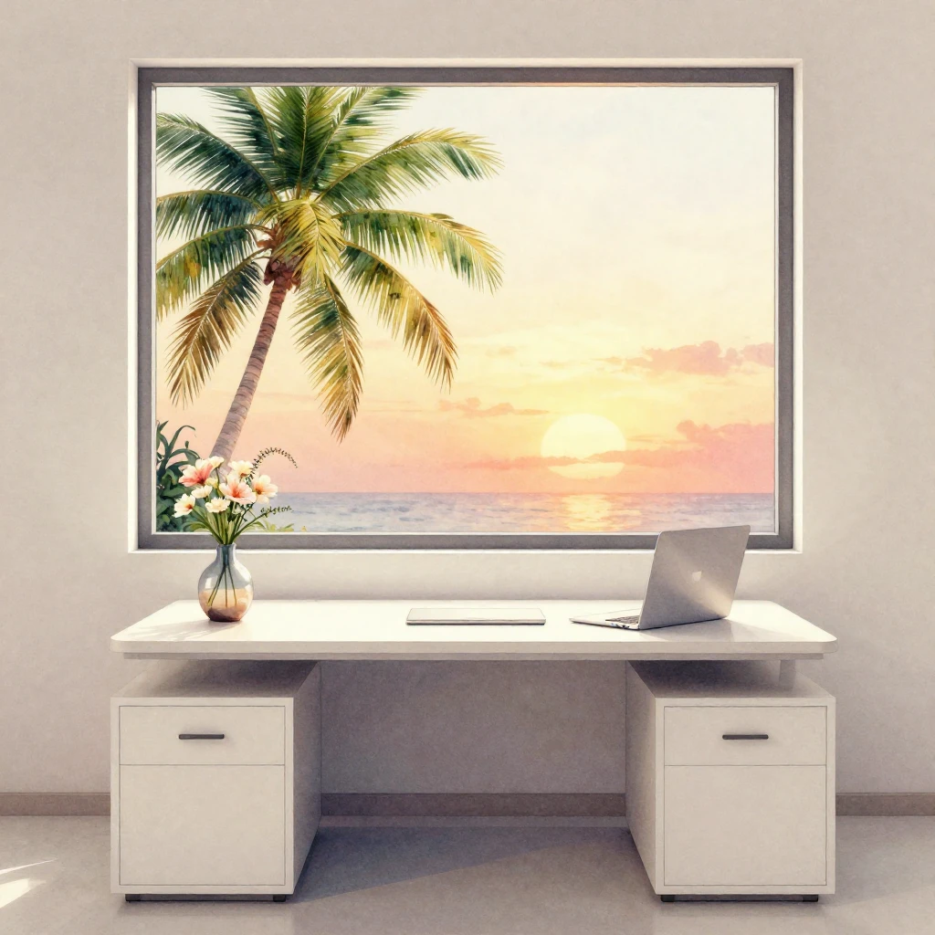 A minimalist office desk with a single flower vase, position...