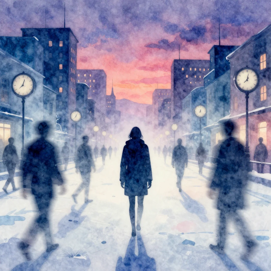 A surreal, frozen cityscape at twilight, with a lone, blurre...