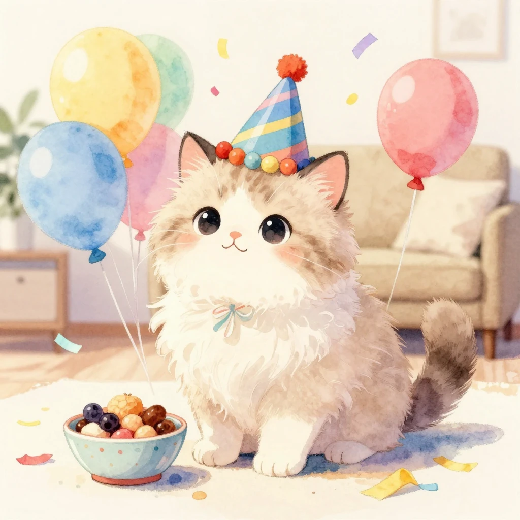 Watercolor painting of a cute fluffy kitten wearing a colorf...