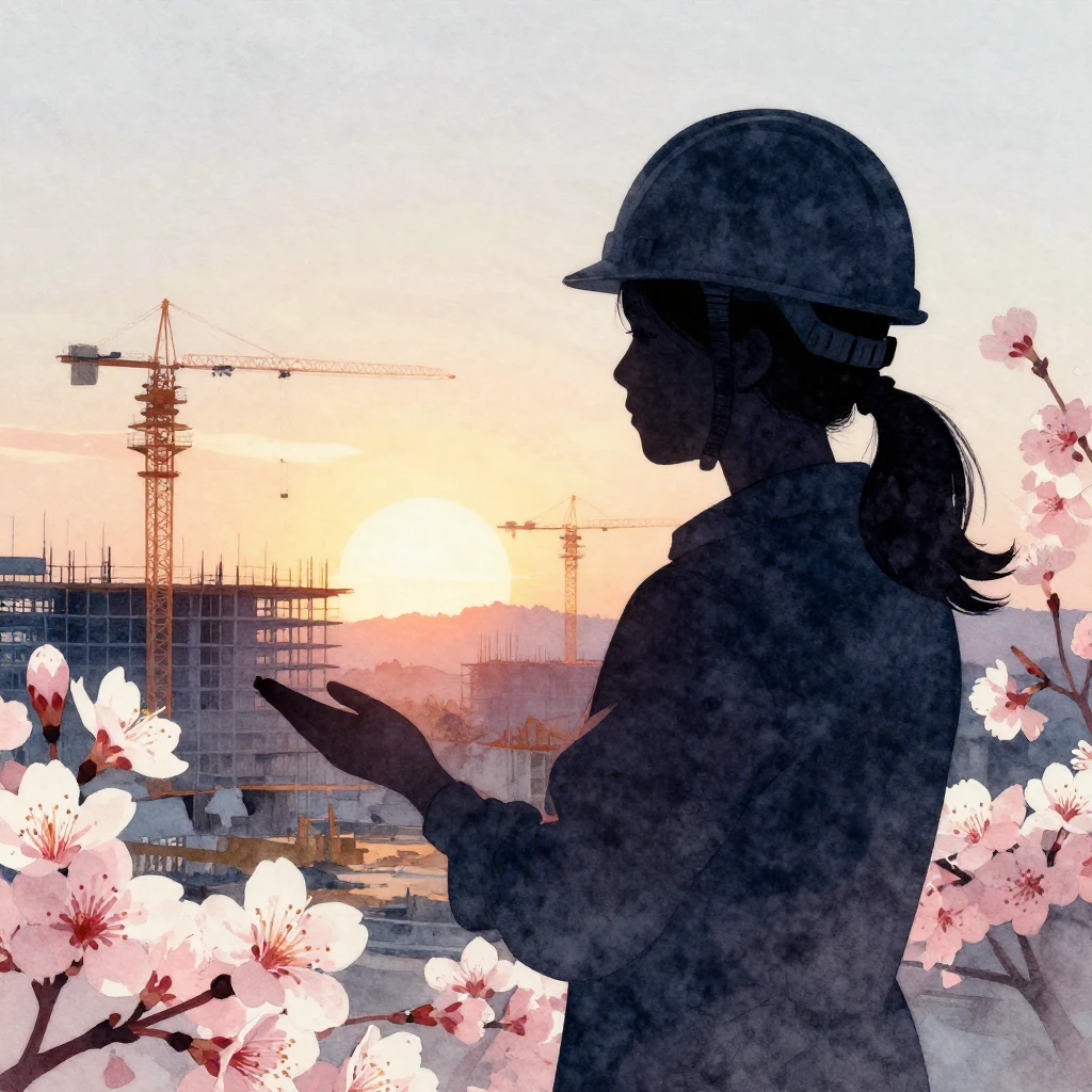 Watercolor style. Silhouette of a female engineer in a hard ...