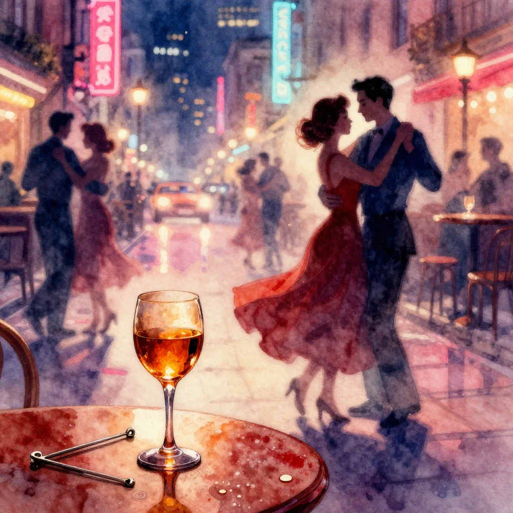 Vibrant watercolor style. Vintage ballroom scene, blurred si...