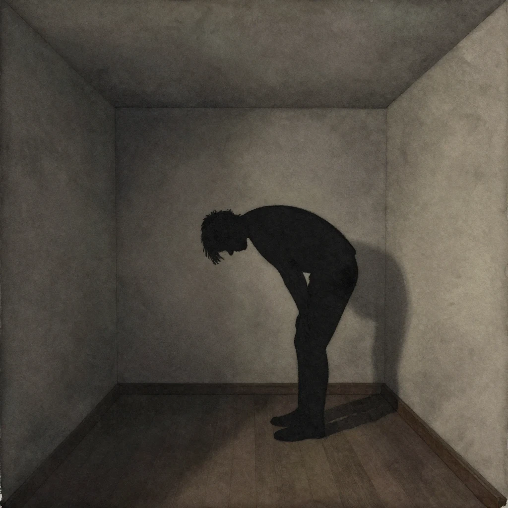 A silhouette of a person hunched over in a very small, cramp...