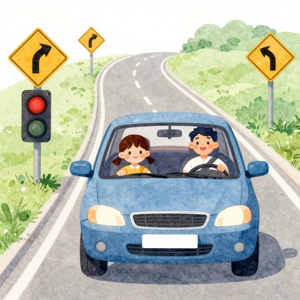 Vibrant watercolor illustration of a car driving school scen...