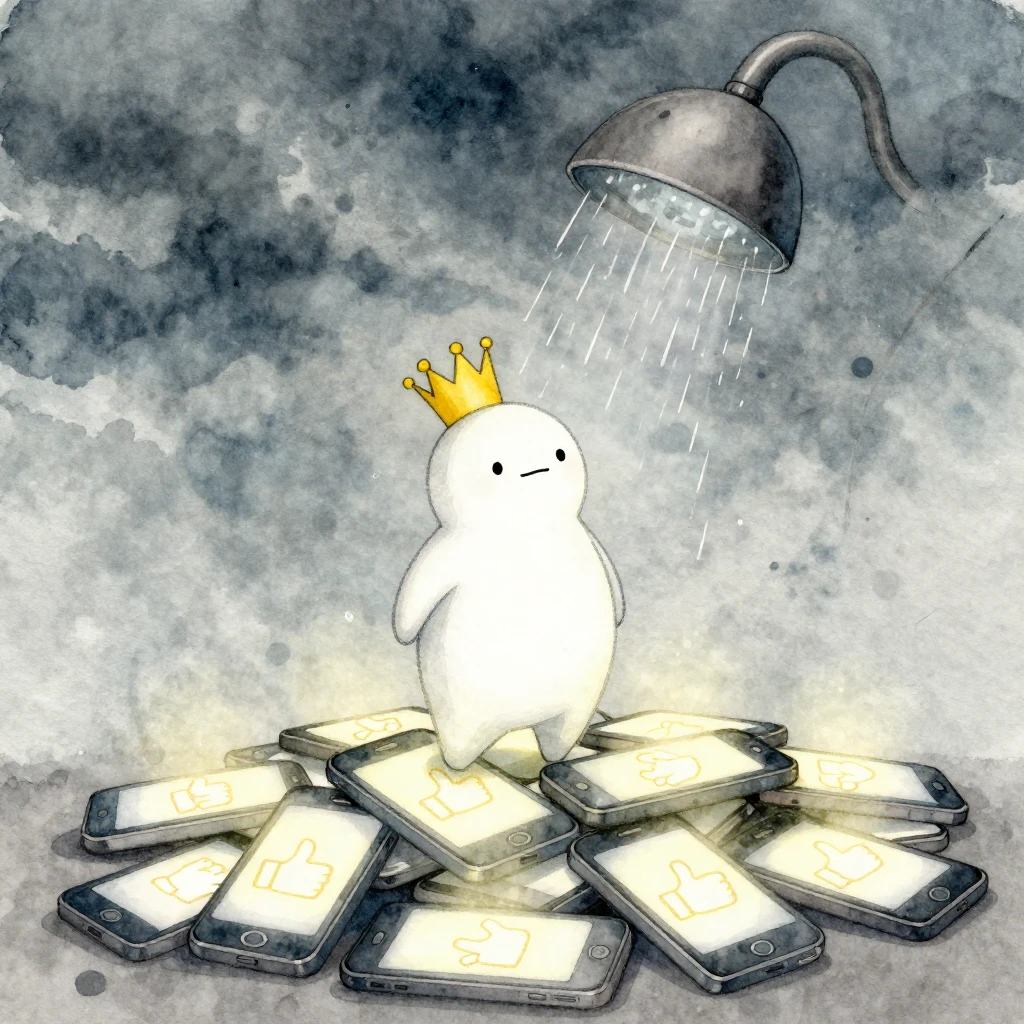 A whimsical watercolor illustration satirizing social media....