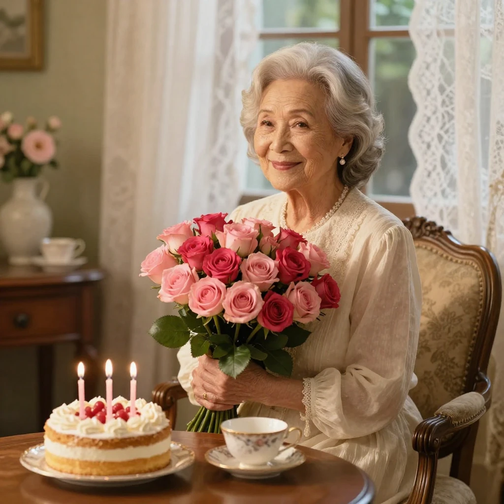 An elegant elderly woman with silver hair, smiling gently, h...