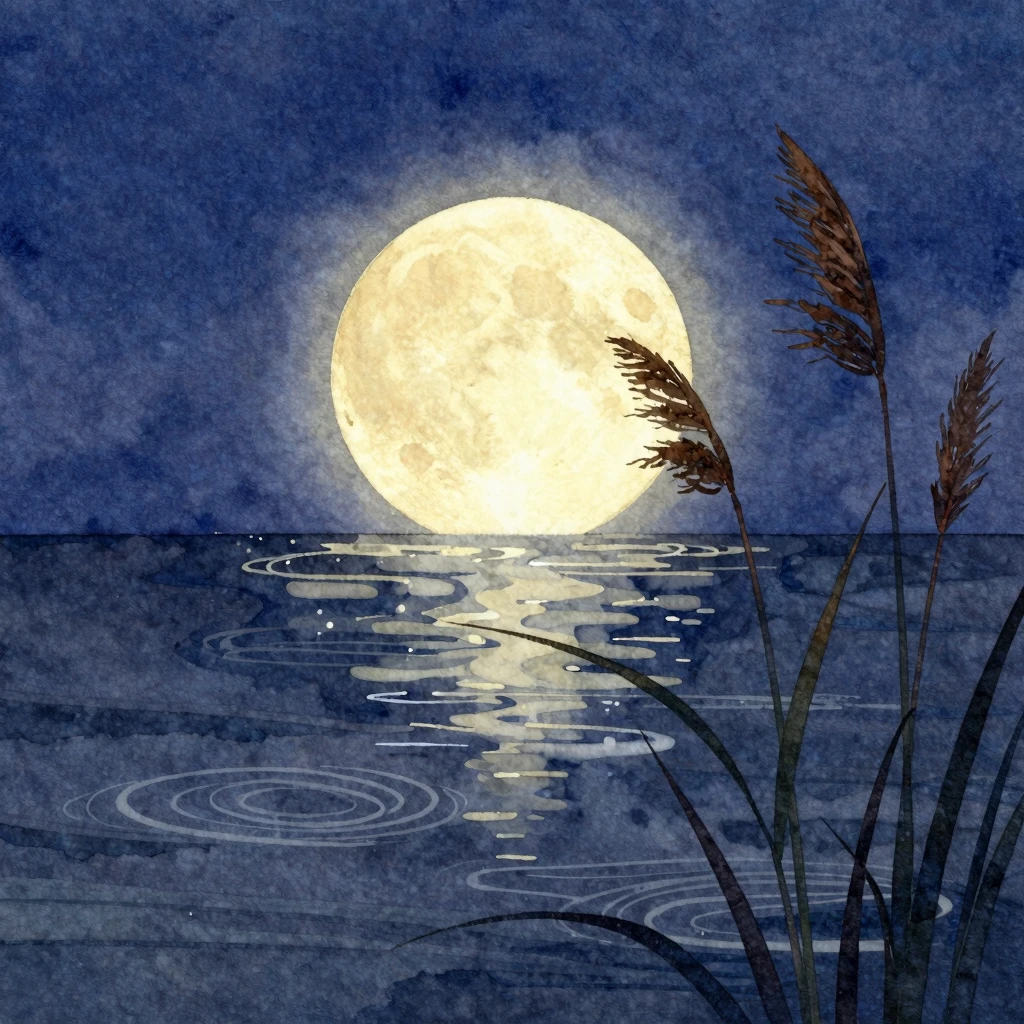 Vibrant watercolor style. A stylized, glowing moon partially...