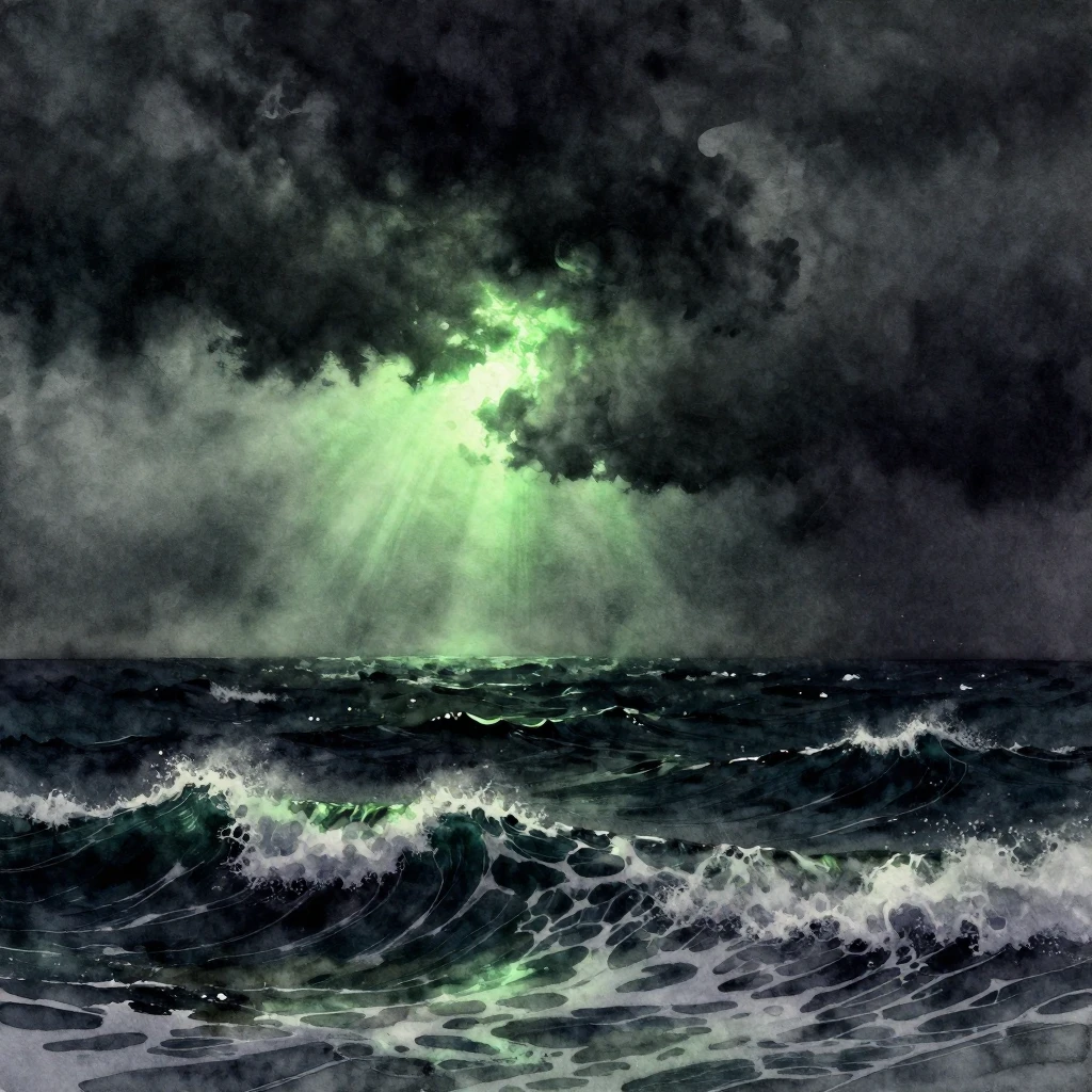 A watercolor painting of a dark stormy ocean, with powerful ...