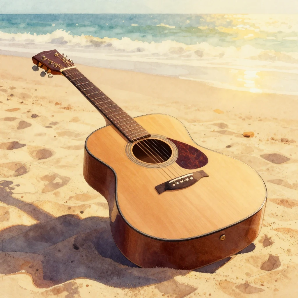 An acoustic guitar resting on the sand on a sunny beach, gol...