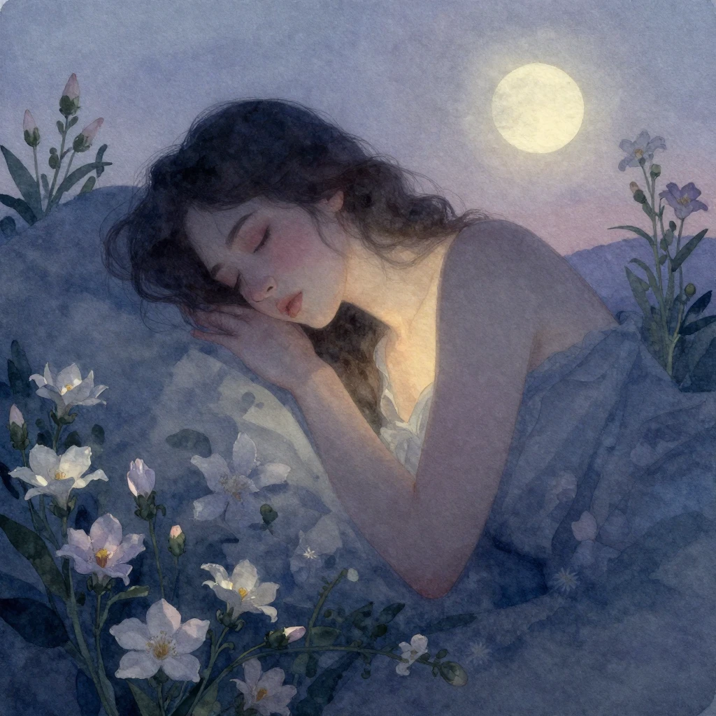 A serene, classical watercolor painting of a sleeping woman'...