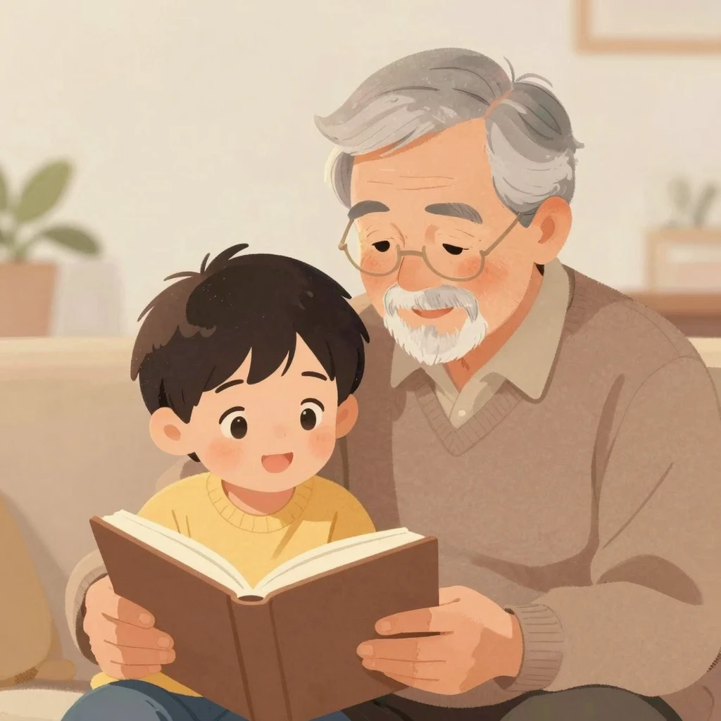 A warm, tender illustration of a grandparent and a grandson ...