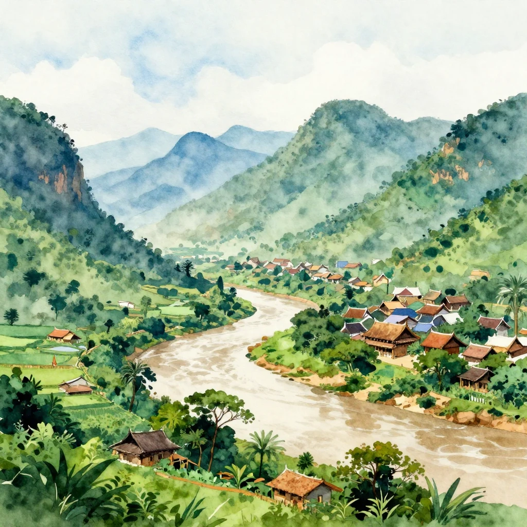 A vibrant watercolor landscape of Laos, featuring lush green...