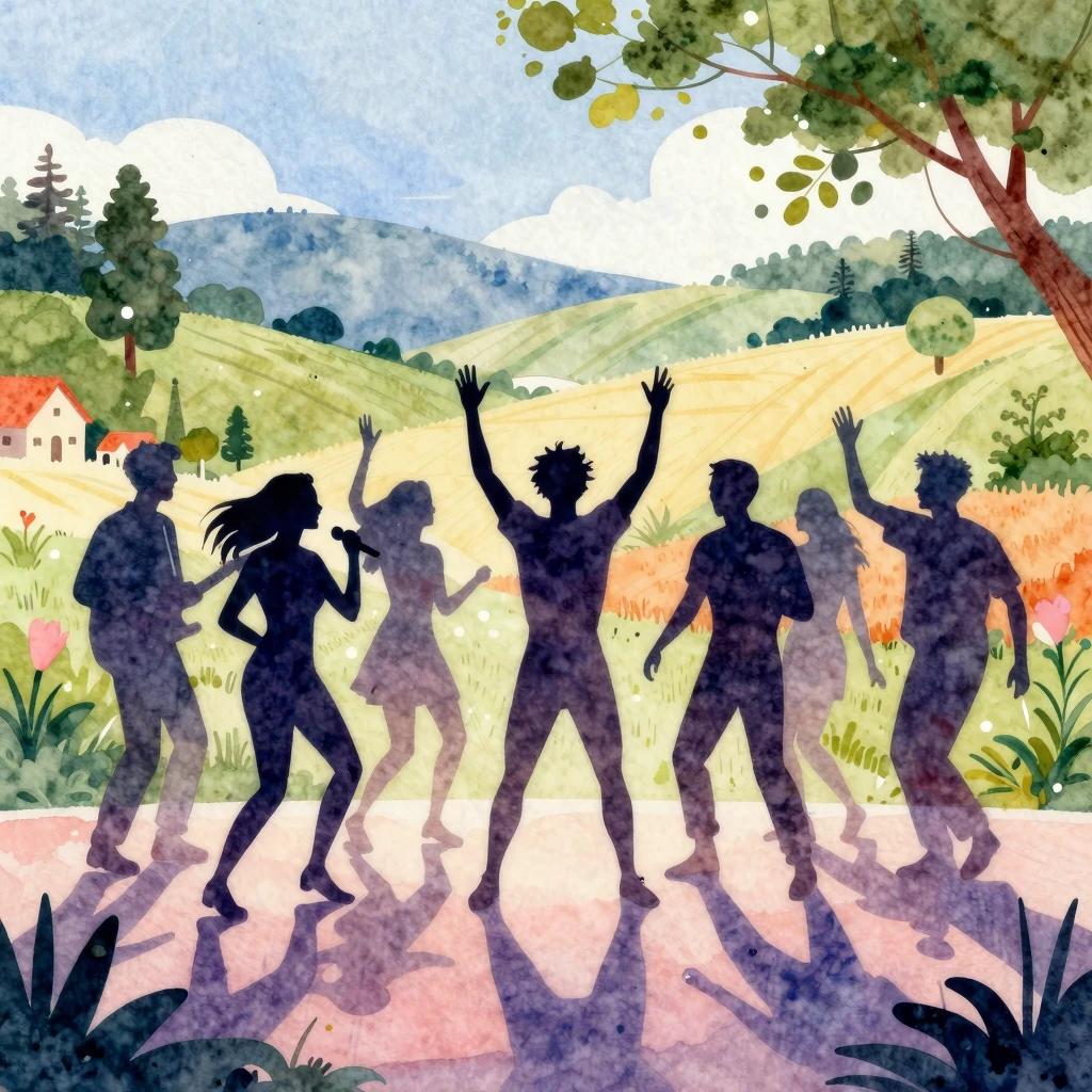 Vibrant watercolor illustration of a silhouette disco party ...