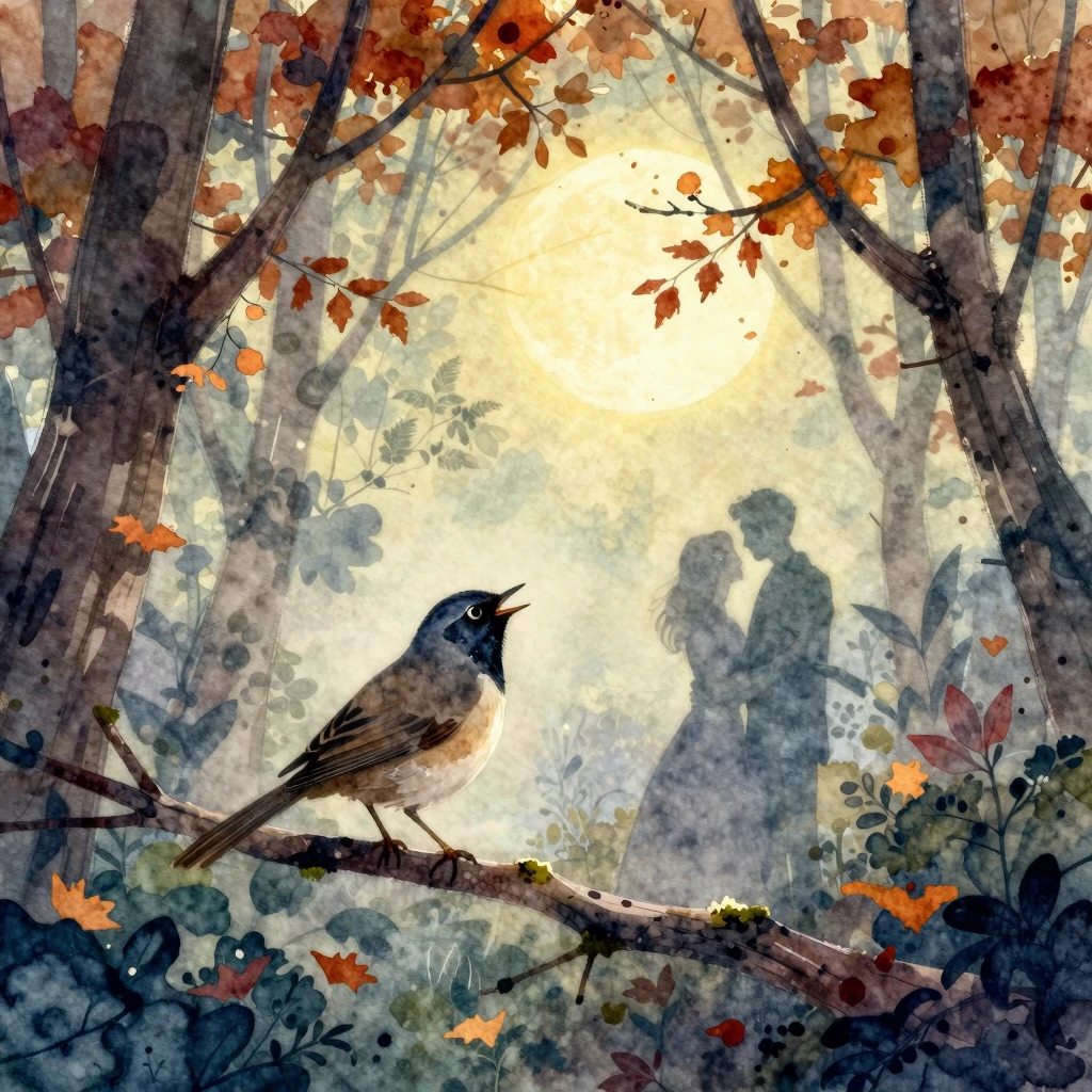 Vibrant watercolor style. A melancholic folk illustration: a...