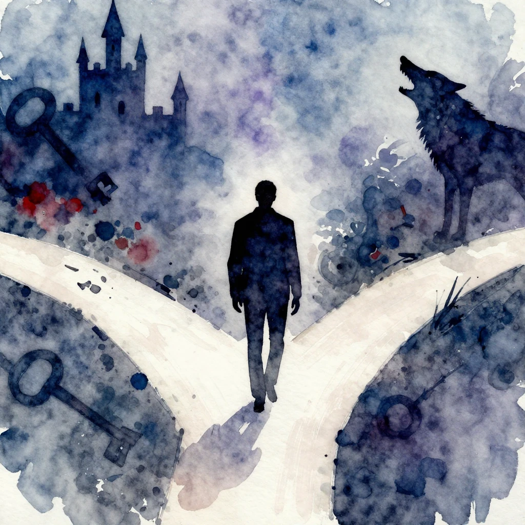 A lone, abstract silhouette of a figure at a crossroads or w...