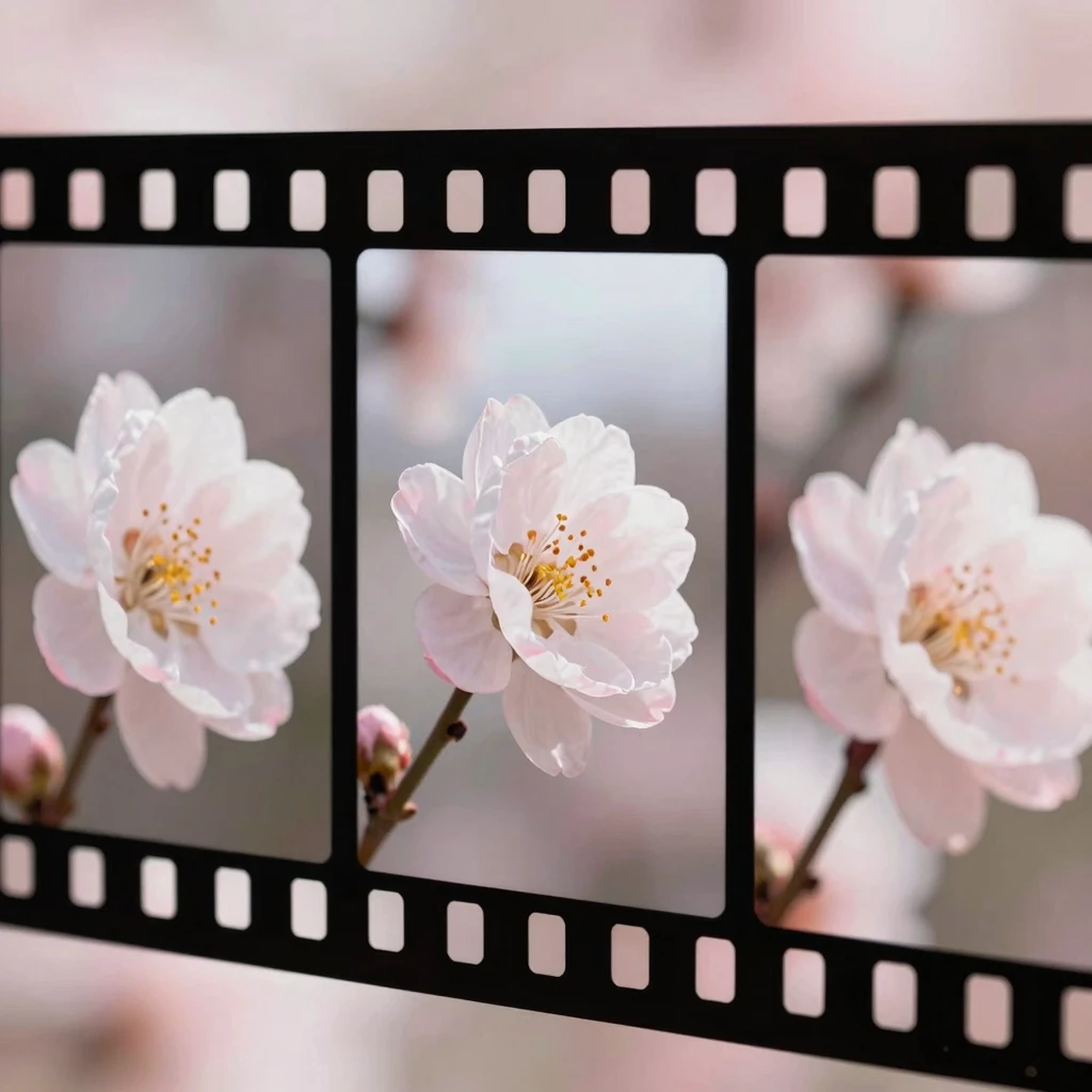 A film strip showing a sequence of a blooming flower, evolvi...