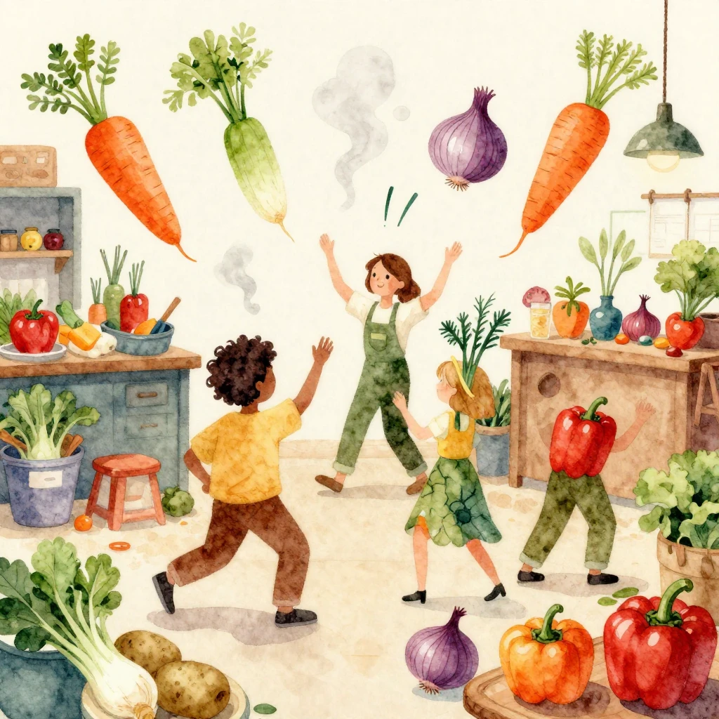A vibrant watercolor illustration of a bustling, joyful 'veg...