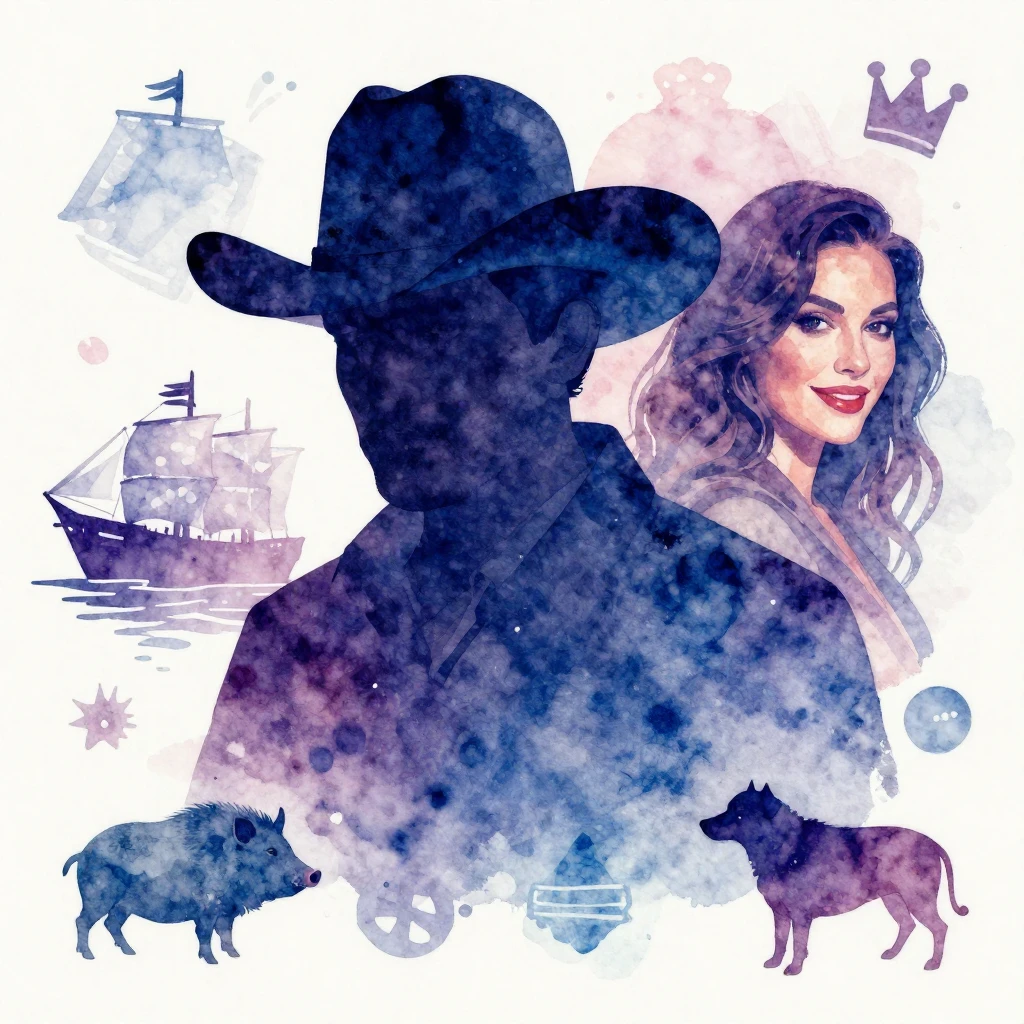 Vibrant watercolor style. Silhouette of a man in a cowboy ha...