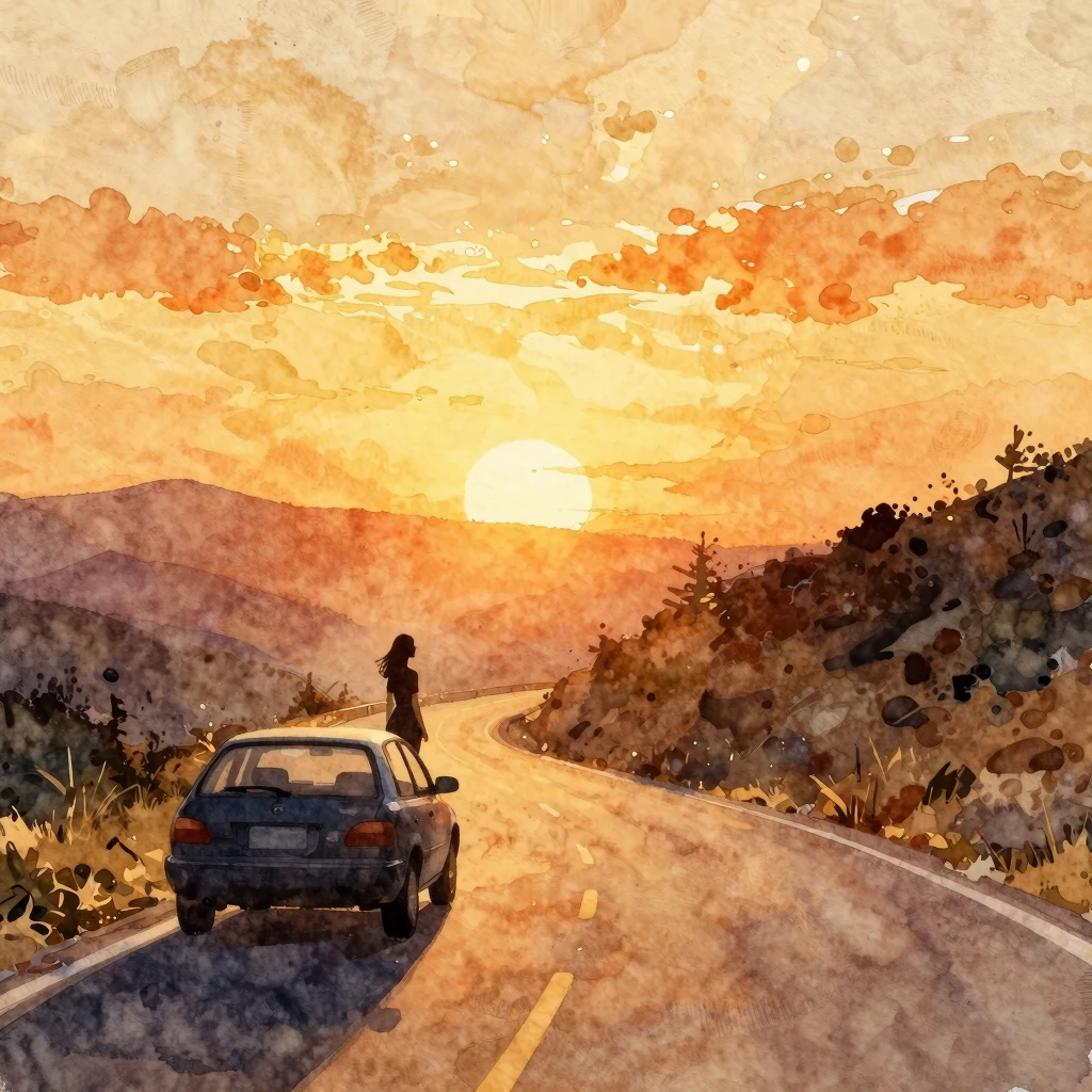 Watercolor golden sunset landscape with a car on a winding m...