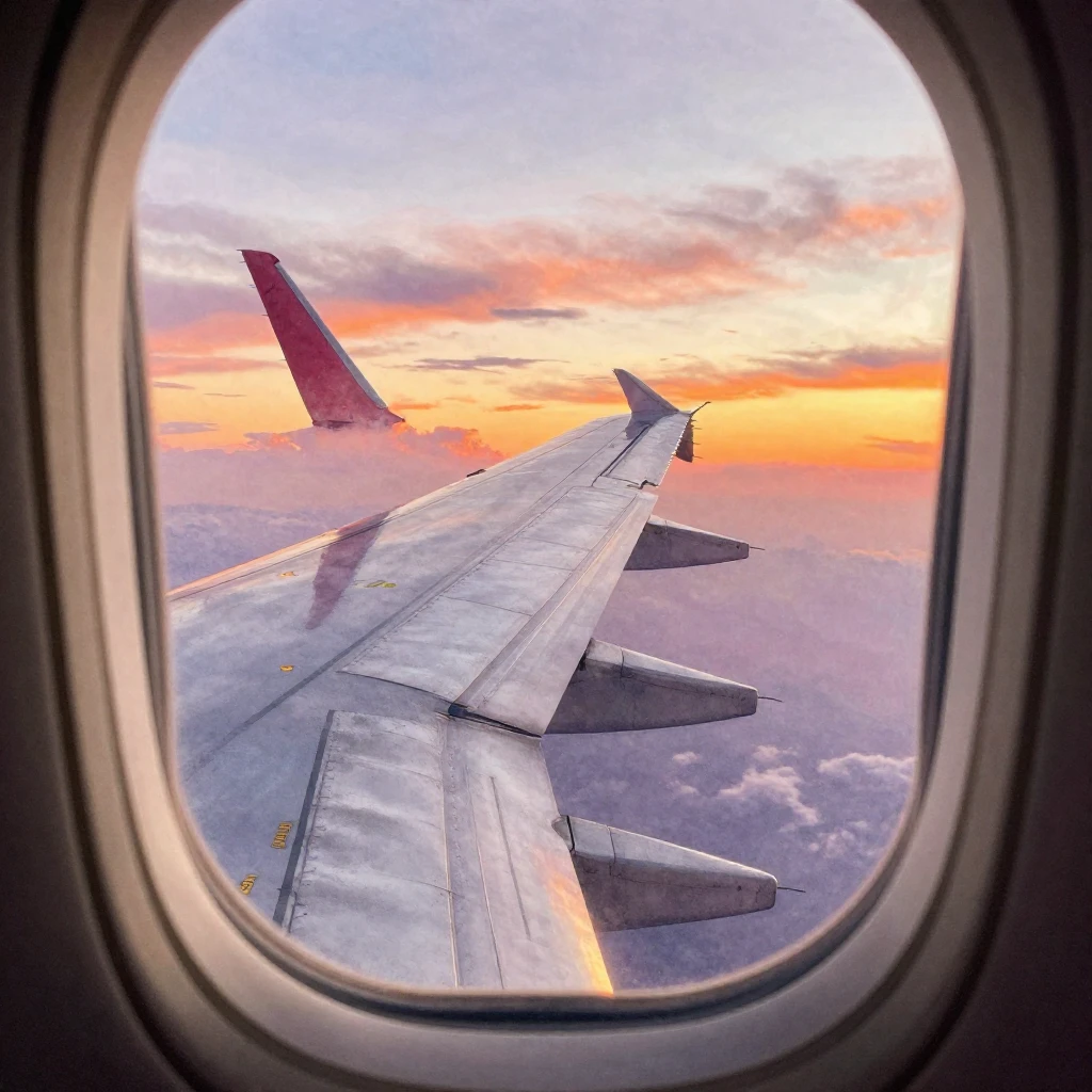 A watercolor painting of a shiny airplane wing, seen from th...