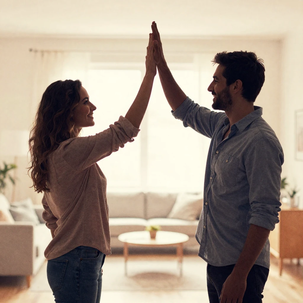 A silhouette of a couple high-fiving in a cozy room with sof...