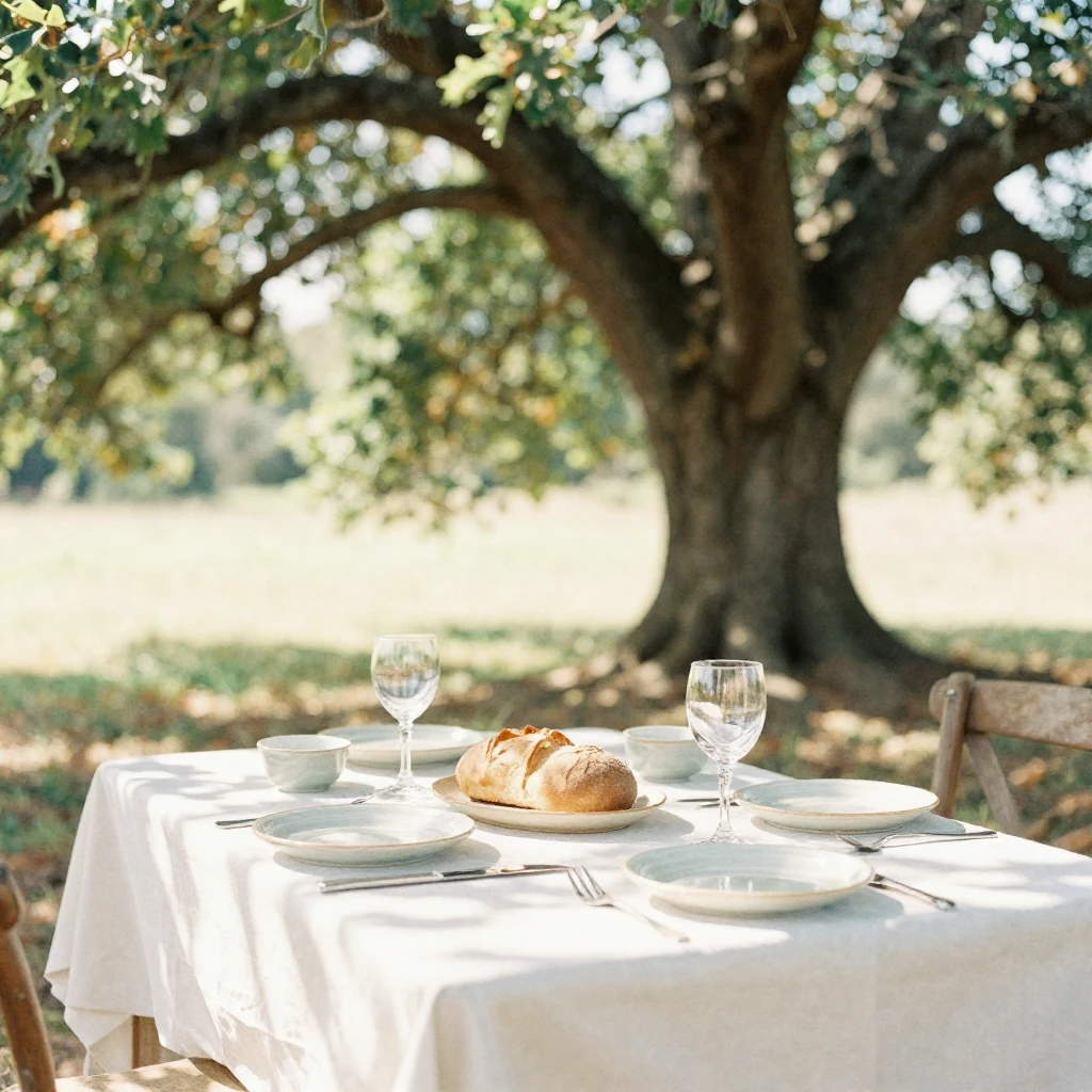 A beautifully set table under a large oak tree, with warm da...
